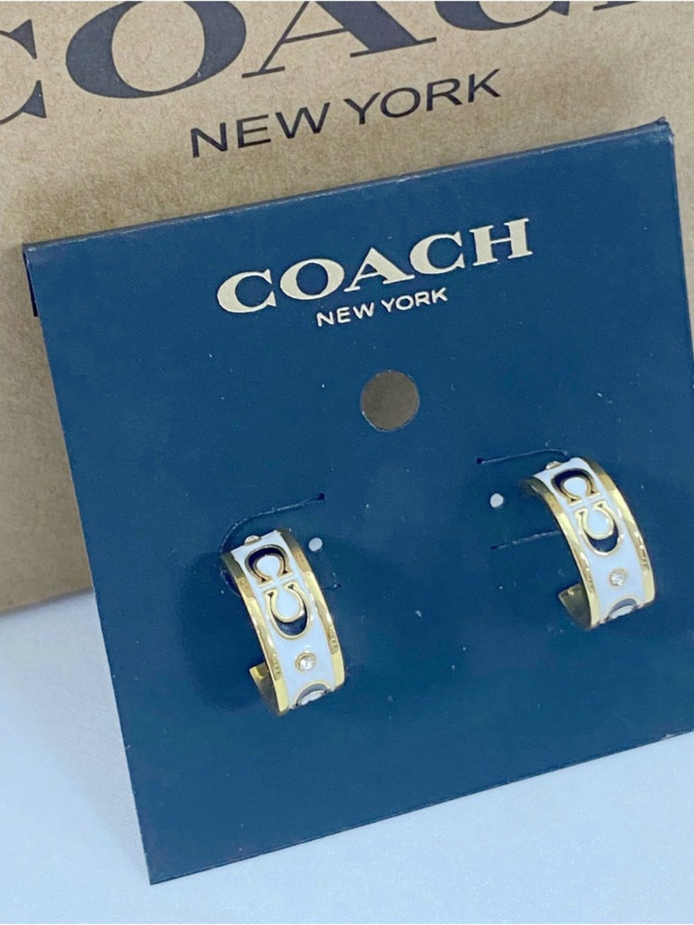 Coach White and Gold Signature C Hoop Earrings